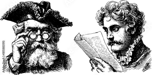 Antique engraving showing two men in classic attire. One man is reading paper while the other observes, depicted in a vintage vector illustration.