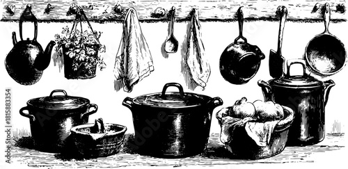 Illustration of a kitchen set featuring pots, pans, and a kettle. The vintage black vector style showcases kitchen accessories clearly and simply.