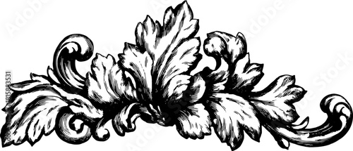 Decorative floral design in black and white. Elaborate vector illustration of leaves and flowers in a classic style set for artistic use.