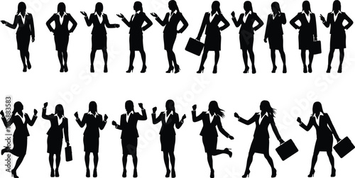 Businesswoman silhouette, professional female poses, office gestures, career woman, confident stance, dynamic movement, leadership role, workplace action, empowerment, attire