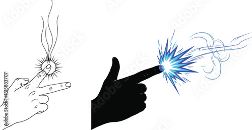 Graphic Hands Emitting Blue Energy Blast and Glowing Touch