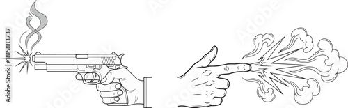 Line Art Illustration Comparing Real Pistol Shooting with Finger Gun Gesture