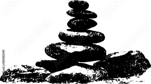 Stack of stones in a black silhouette design. Vintage vector illustration showcasing harmony and balance in nature. Simple and tranquil artwork.