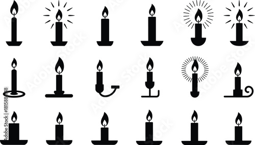 Candle icon set, black silhouette candles, flame symbols, vintage candle holders, spiritual light, vector illustration, minimal design, decorative elements