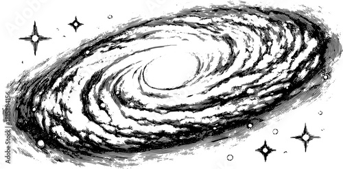 Vintage engraving of a galaxy. Detailed line drawing illustration featuring stars and cosmic elements, set in a black and white vector style.