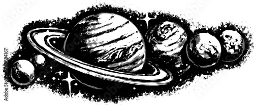 Cosmic vector illustration featuring various planets in a vintage engraving style. Detailed black and white artwork in a celestial set.