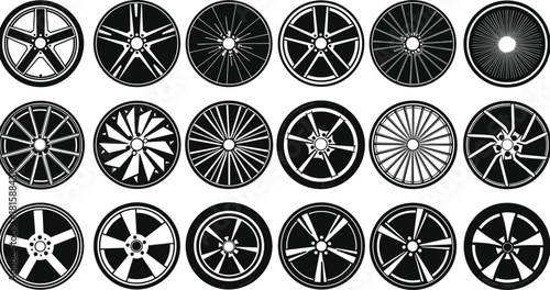 Car rims, alloy wheel collection, stylish rim patterns, modern automotive wheels, sport car accessories, custom design rims, steel wheel illustration