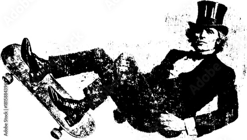 Vintage engraving of a male character on a skateboard in a suit and top hat. This black outline vector illustration captures playful movement in a retro style.