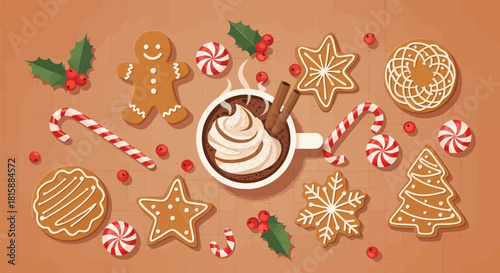 Enjoy sweet Christmas treats with steaming hot chocolate and gingerbread cookies, a festive holiday scene to warm your heart with candy canes and cheer