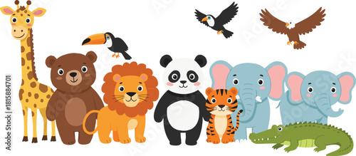 Cartoon animals, jungle wildlife, cute safari creatures, zoo illustration, kids education, animal diversity, forest fauna, flying birds, vector art