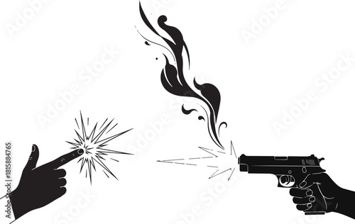 Stylized Black and White Illustration of Finger Pointing Versus Handgun Firing