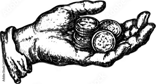 Hand holding coins in vintage engraving style. Black and white outline art illustration, depicting finance in a simple vector set.