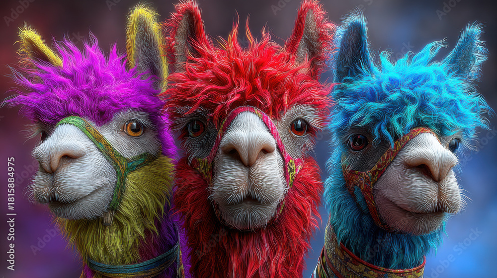 Naklejka premium Drei bunte Alpakas mit flauschigem Fell – kreative Tierillustration 