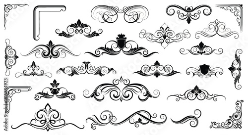 Collection of elegant black flourishes and ornate decorative elements silhouette