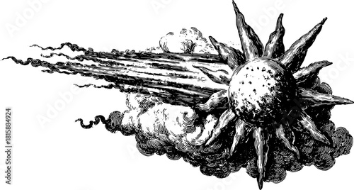 Sun and cloud in vintage engraving style. Detailed line drawing set as a vector illustration with ornamental elements and classic representation.