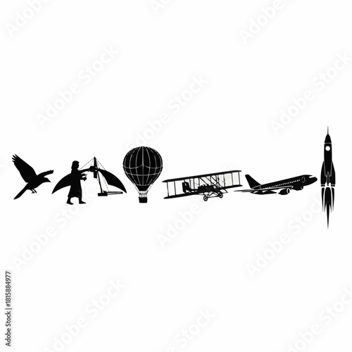 Silhouettes depicting the evolution of flight, from bird to hang glider, hot air balloon, biplane, jet, and rocket.