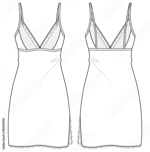 Satin Slip dress design flat sketch fashion illustration with front and back view, v neck Lace night dress cad drawing vector template