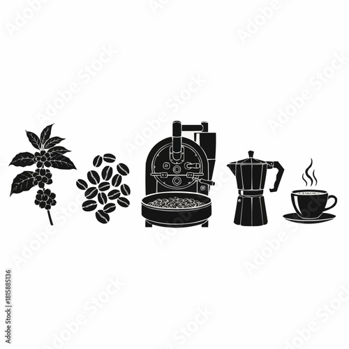 Black silhouette illustration depicts coffee beans, a roaster, and brewing equipment.