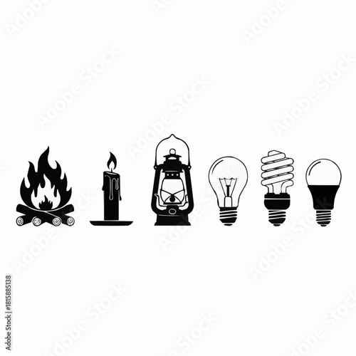 Progression of light sources: bonfire, candle, lantern, incandescent, fluorescent, and LED lightbulb.