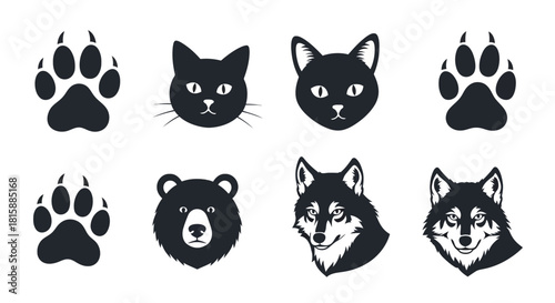 Collection of animal paw prints and heads silhouette