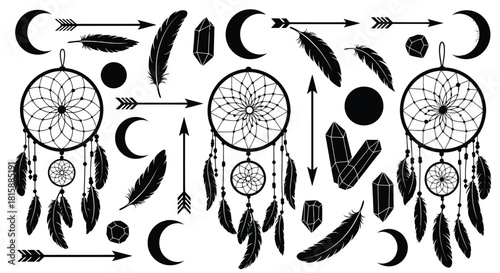 Bohemian dreamcatcher feather arrow and moon elements silhouette