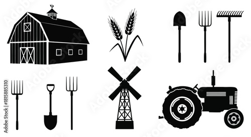 Collection of farm equipment and buildings silhouette