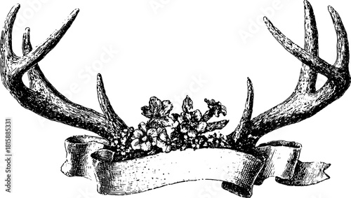 Antlers with blooming flowers in a vintage style. Decorative vector illustration featuring elegant elements suitable for banner or design use.