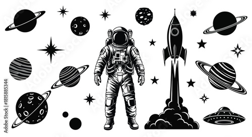 Astronaut rocket planets stars and ufo silhouette