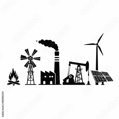 A collection of energy source icons, including fire, windmills, a factory, oil pump, solar panels, and a wind turbine.