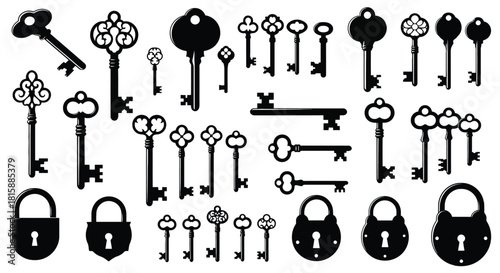 Collection of antique and modern keys and locks silhouette