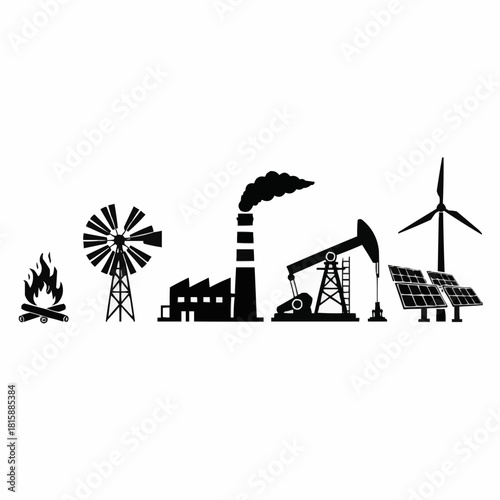 Various silhouettes representing different sources of energy and industrial processes.