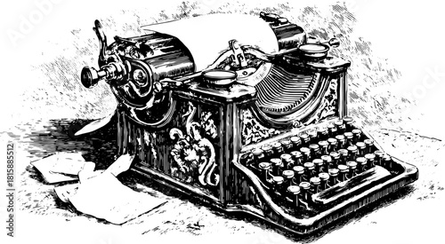 Vintage typewriter with paper for writing. Classic graphic illustration showcasing mechanical details and craftsmanship in vector style.