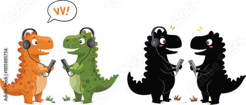 Cartoon dinosaurs listening to music together, sharing headphones, playful friendship, cute prehistoric animals, silhouette version, fun kids illustration, joyful moment