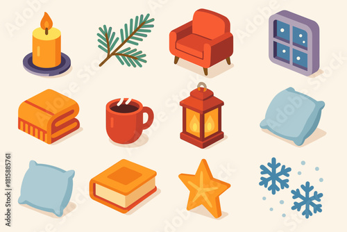 Cozy Winter Icons. Christmas Peaceful Evening flat icon set: candlelight, pine branch, snowflake, cozy chair, wool blanket, steaming cup, lantern glow, frosted glass, pillow, book