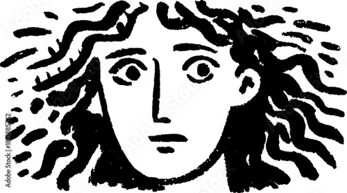 This illustration features a woman's face with a simple black and white art style. Curly hair and abstract lines create a minimalist vector representation.