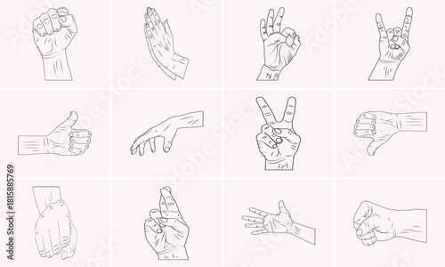 Hand Signs and Gestures Line Art Vector Collection with Icons