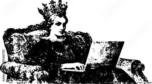 Queen sitting on a vintage couch using a laptop. Black and white vector illustration depicting elegance and technology in a lifestyle set.