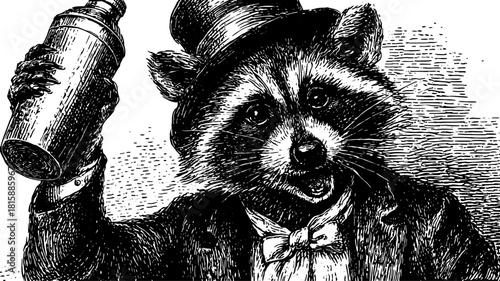 Raccoon character illustration in vintage style. The animal is dressed in a jacket and bowtie, holding a cocktail shaker in a vector illustration.