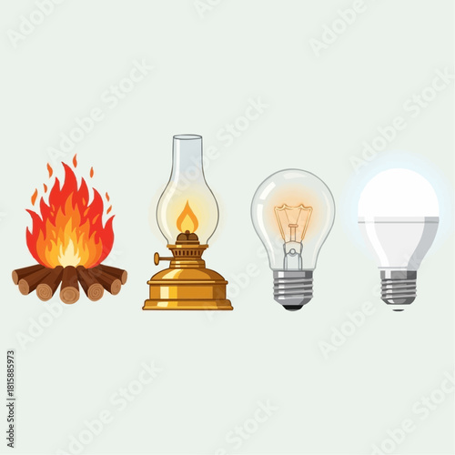 Evolution of illumination: from open fire, oil lamp, incandescent bulb, to LED.