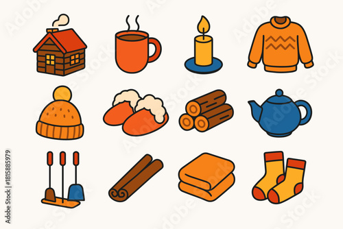 Cozy Seasonal Icons. Seasonal Warmth flat icon set: cozy cabin, steaming mug, candlelight, wool sweater, knit hat, fluffy slippers, log pile, tea pot, fireplace tools, cinnamon