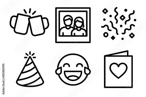 Celebration Icon Set. Celebration of Bonds linear icon set: clinking cups, photo frame, confetti, party hat, laughter emoji, greeting card