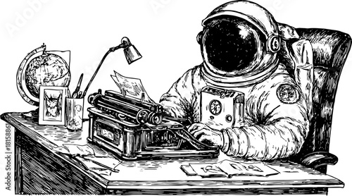 Astronaut seated at a desk with a vintage typewriter and globe. A unique vector illustration capturing an imaginative workspace set.