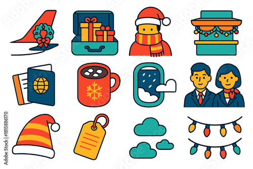 Festive Travel Icons. Festive Journey flat icon set: airplane tail with wreath, wrapped gifts in luggage, cozy scarf traveler, airport decorations, ticket and passport, hot cocoa