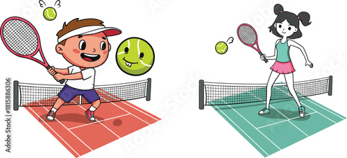 Cartoon kids playing tennis, boy and girl on separate courts, smiling tennis balls, fun sports activity, colorful illustration, outdoor game scene