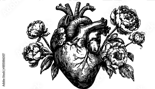Anatomical heart and peony flower set in black and white ink drawing. Botanical handdrawn vector illustration.