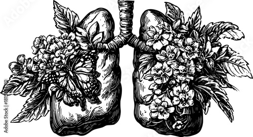 Lungs illustrated with flowers in a vintage style. This detailed black and white vector illustration emphasizes organic design and anatomical structure.