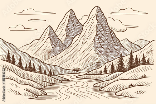 Tranquil Mountain Majesty. Tranquil mountain scene with towering peaks and a winding river below. The mountains rise sharply, with clouds gently touching the summits. Vector illustration