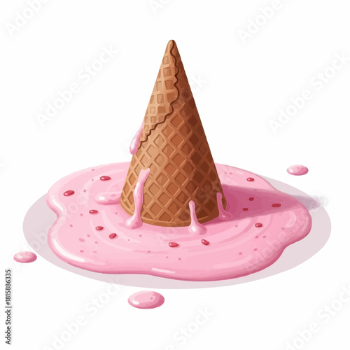 A fallen ice cream cone with melted pink ice cream spreading on a surface.