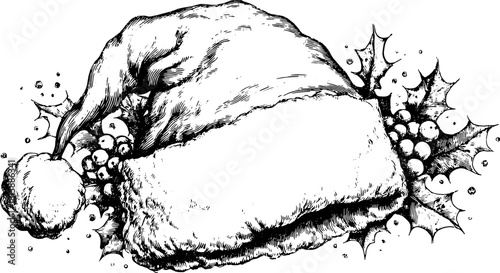 Santa hat vector illustration in black and white style. Holiday accessory design featuring cotton pompom and fur texture.