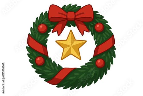 Festive Holiday Wreath. A festive wreath adorned with ribbons and a golden star at the center, symbolizing holiday greetings. The wreath is lush and circular,. Vector illustration